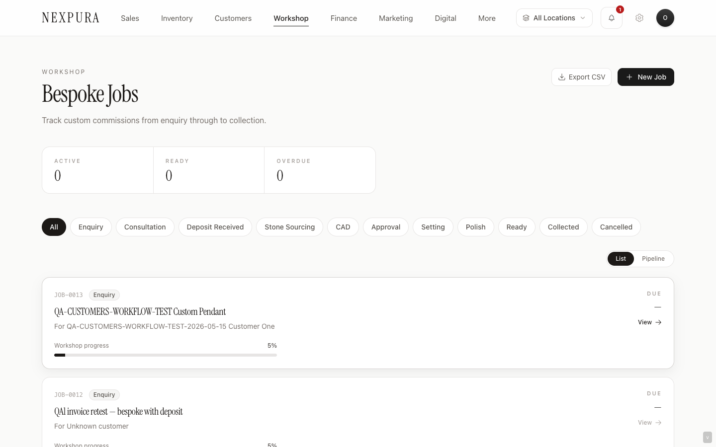 Nexpura Bespoke Orders — custom job pipeline with sketches, approvals, and production stages