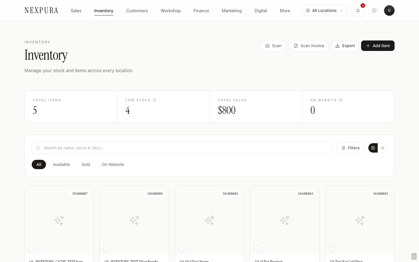 Nexpura Inventory Intelligence — live stock view with status, location, and provenance