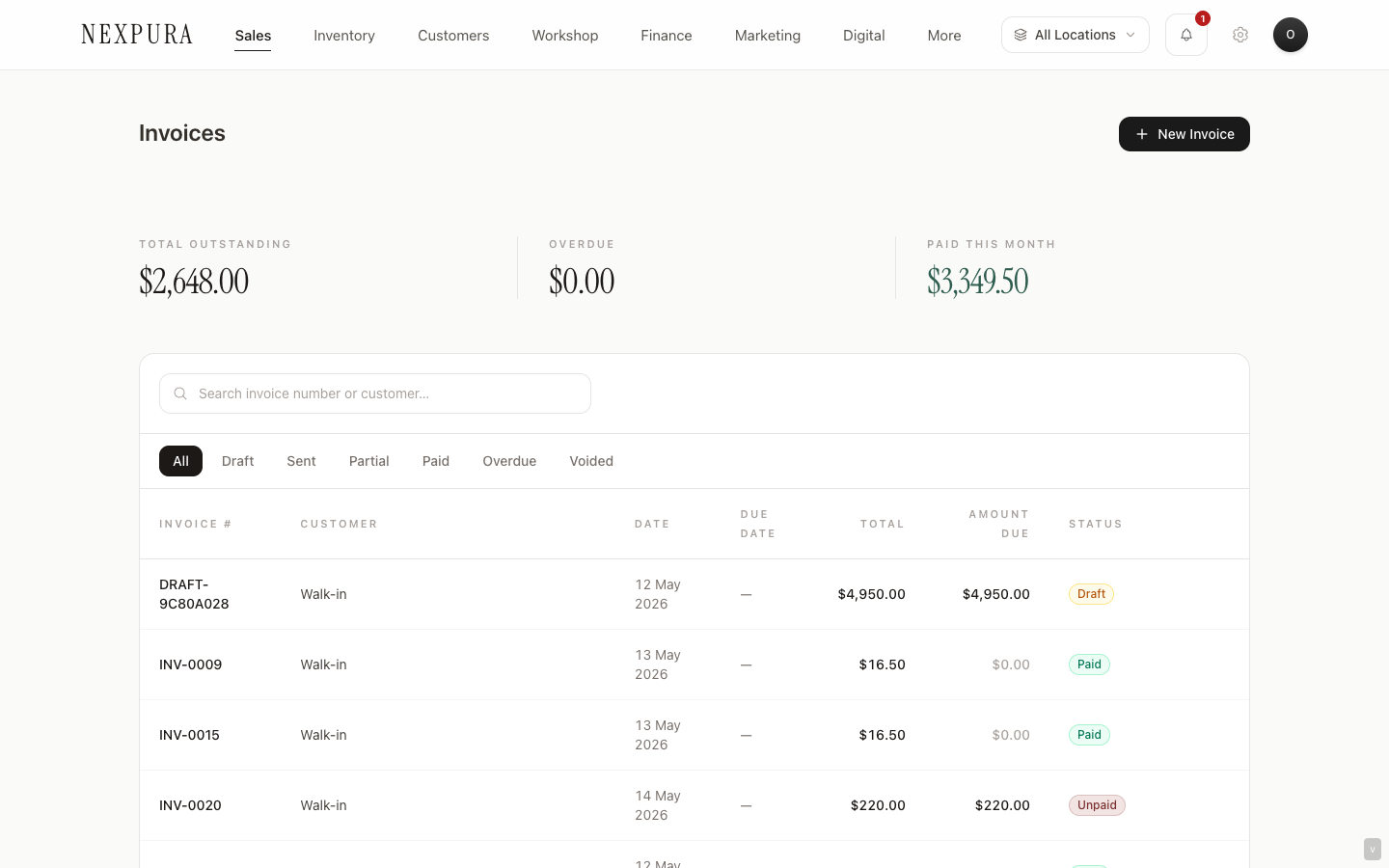 Invoice INV-2026-0218 — line items, deposit received, and a $2,300 balance due