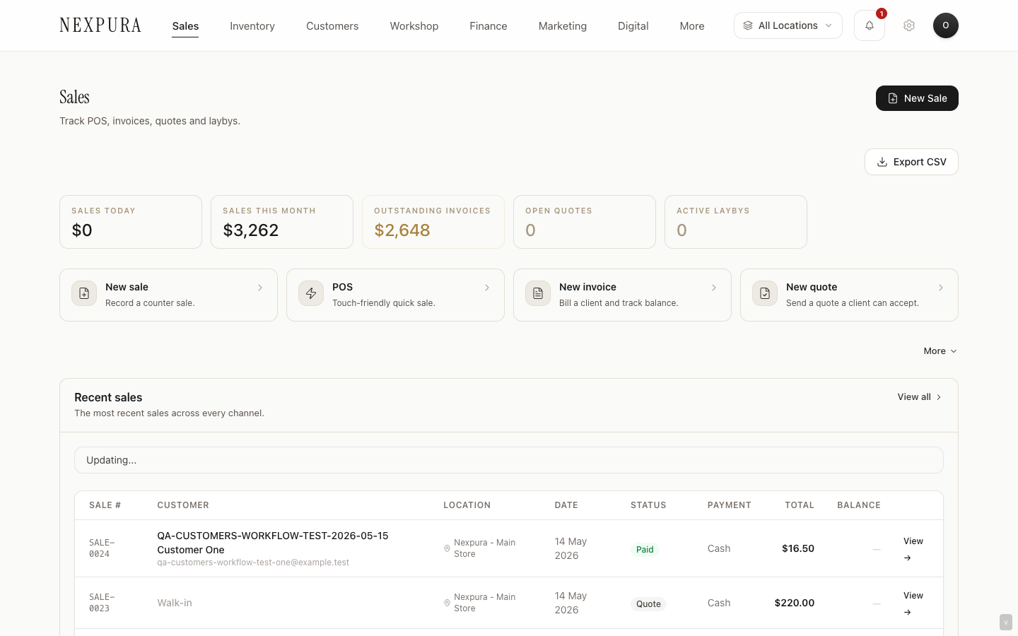 Point of Sale interface — cart panel with three line items and a serif total of $6,387