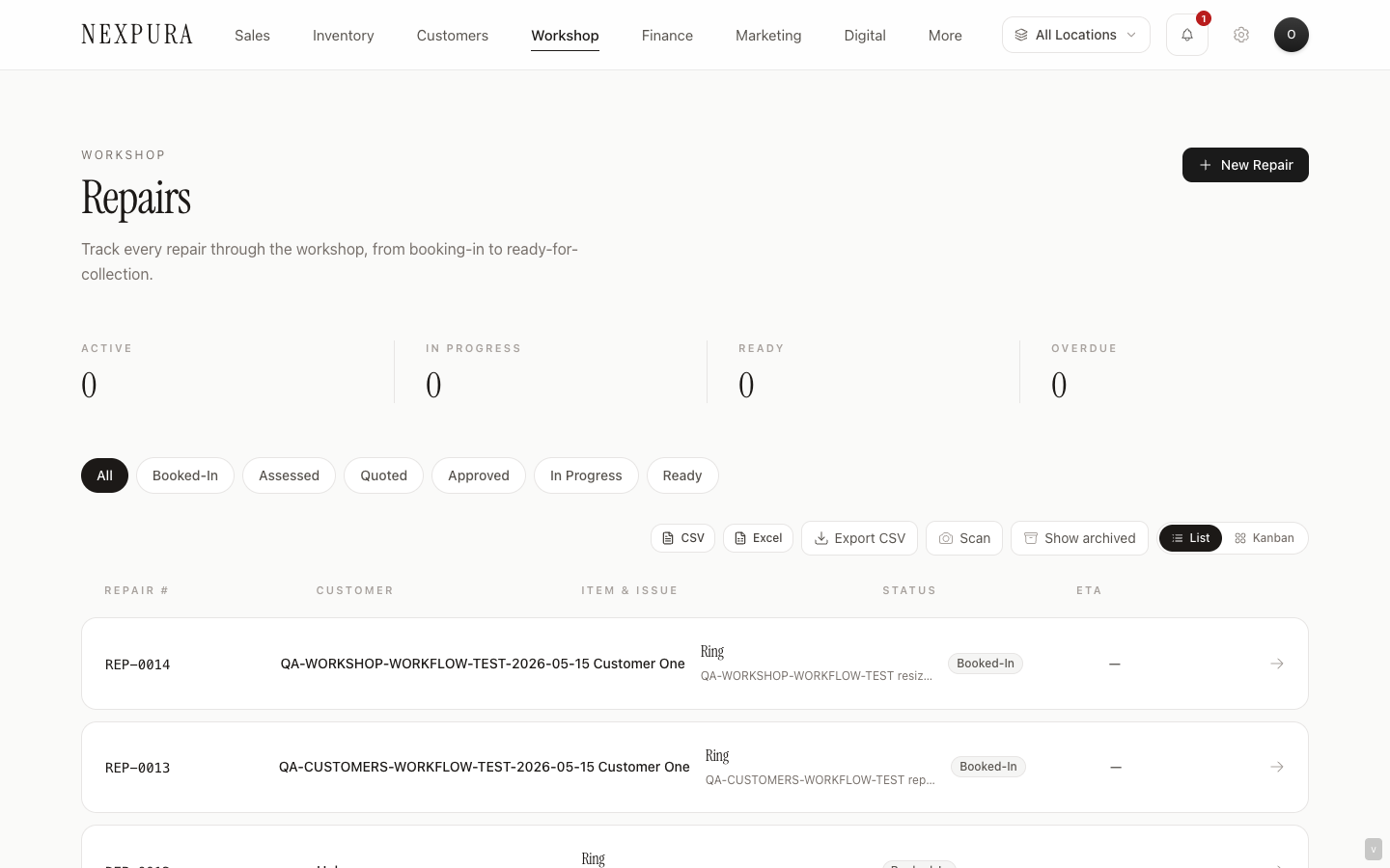 Nexpura Repair Tracker — repair detail view with customer, item, financial summary, and stage timeline